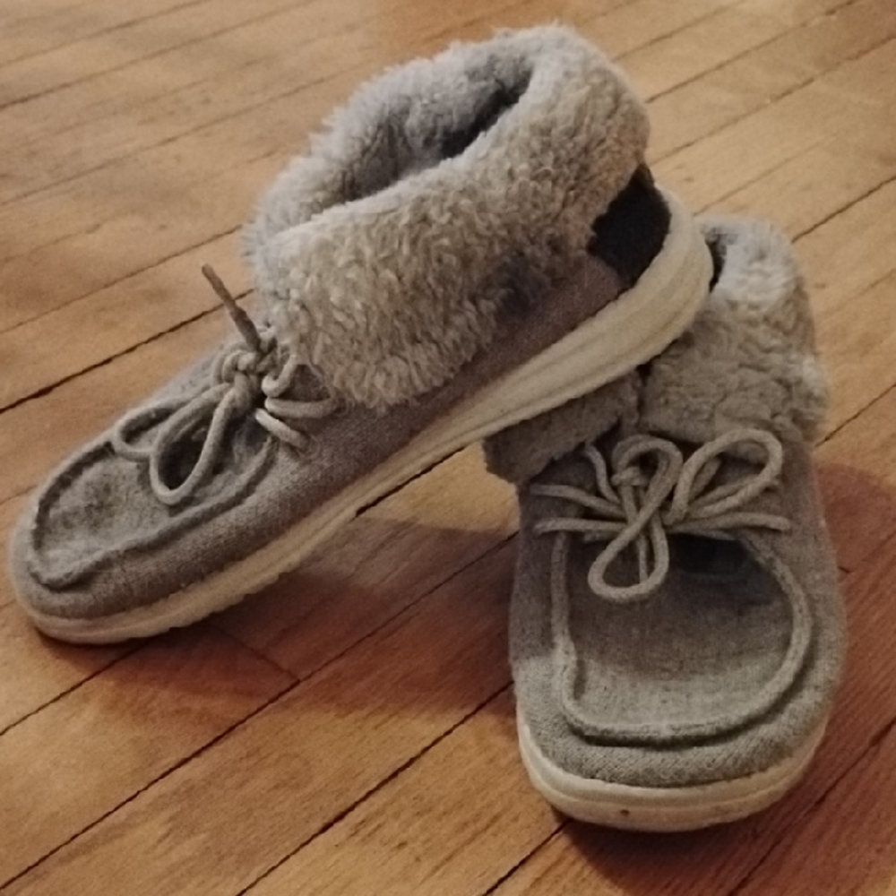 Plush Grey Sherpa Lined Moccasin Slippers